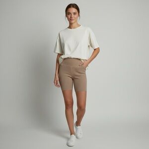 525 Revolve High Waist Ribbed Bike Shorts Ballerina Beige Tan Women’s Medium